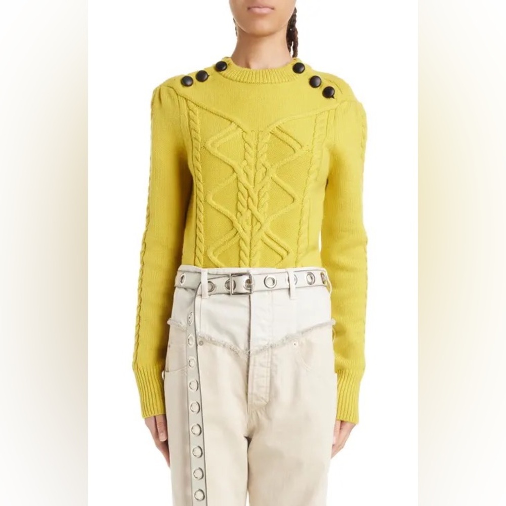 NWT Isabel Marant Dustin Button Detail Merino Wool Cable Sweater Mustard 12